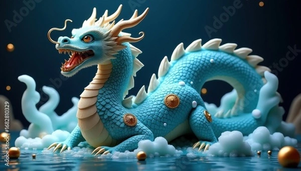 Obraz Mythical blue dragon emerging from water with golden accents