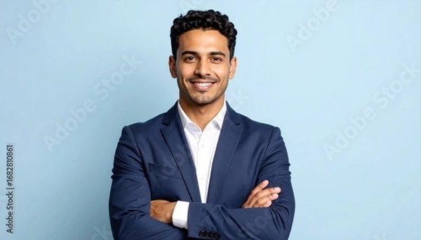 Fototapeta Confident man in a navy blazer with arms crossed smiles against a blue background. He has dark, curly hair and a friendly expression