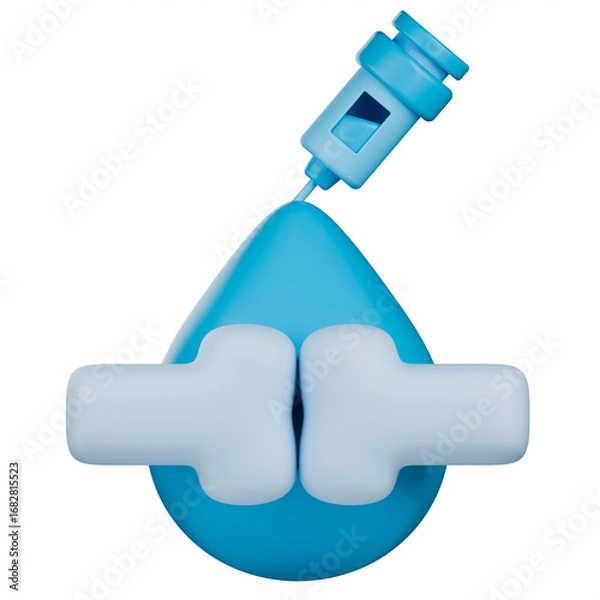 Fototapeta Joint fluid collection concept 3d icon with blue drop of synovial fluid, joints and syringe.