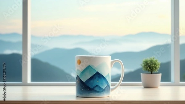Obraz Mug with mountain design on windowsill with scenic mountain view