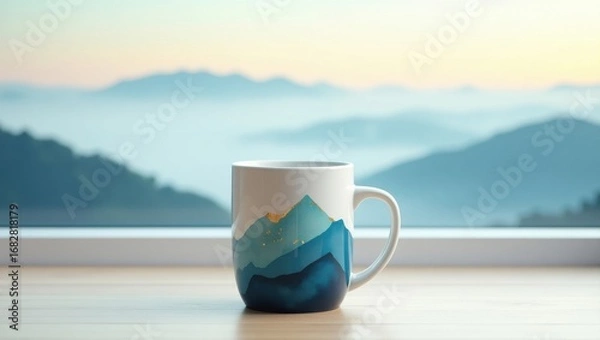 Obraz Mug with mountain design sits on a table with misty mountain landscape background
