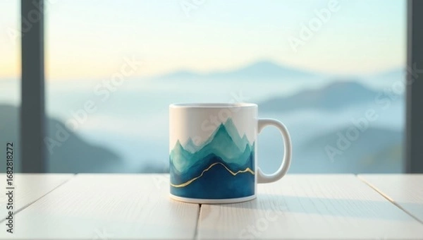 Obraz Mug with mountain landscape design on a wooden table with a misty mountain view
