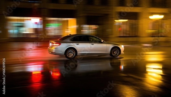Fototapeta Car speeding through wet urban street at night, motion blur and glowing reflections enhance dynamic speed, energy, and city nightlife.