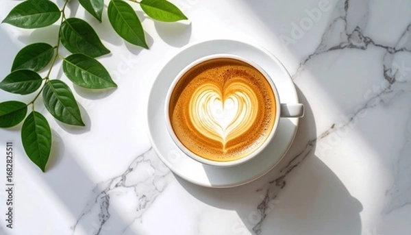 Fototapeta A latte art heart sits atop a saucer on a marble surface, with sunlit green leaves adding a natural touch. Coffee is ready