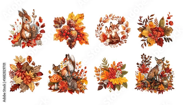 Fototapeta Collection set of many vintage fall nature illustrations, forest leaves and animals in autumn, season stickers isolated on white or transparent background, cut out png file