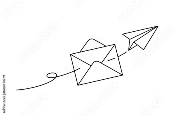 Fototapeta Continuous Line Drawing of Email and Paper Plane | Vector Art for Digital Communication.