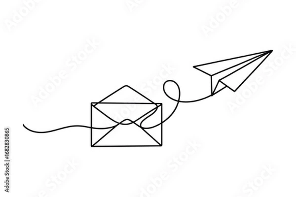 Fototapeta Continuous One Line Drawing of an Envelope and Paper Plane | Minimalist Vector Art of Communication.