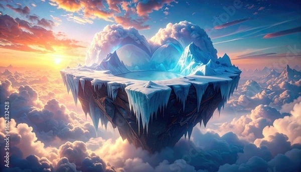 Fototapeta A surreal, floating island of ice and snow hangs suspended in a sea of clouds, illuminated by a vibrant sunset