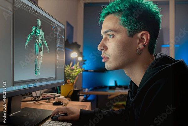 Obraz 3D artist working on video game character art, using 3D modelling program on computer to create robotic humanoid.