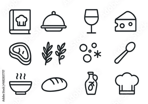 Fototapeta Gourmet Recipes Icon Set. Outline icon set of gourmet recipes: cookbook, cloche, wine glass, cheese wedge,