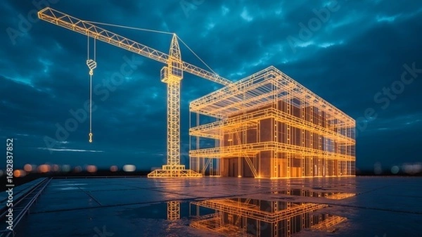Obraz Futuristic architectural blueprint of a modern building construction site with a towering crane illuminated at night