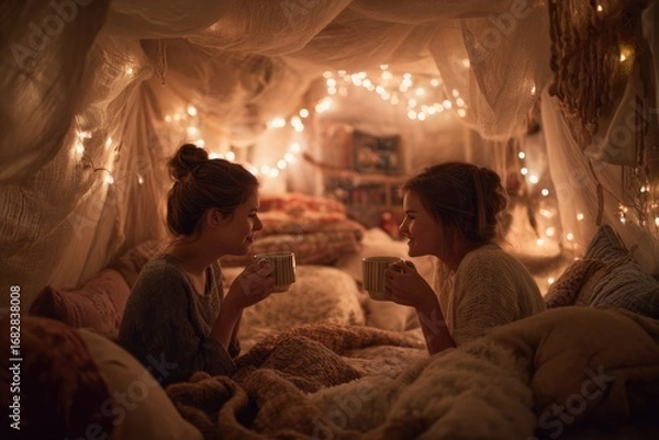 Obraz a playful indoor blanket fort with fairy lights, pillows, and two friends drinking hot tea