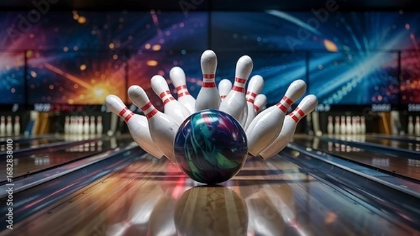 Obraz Dynamic bowling alley scene with a colorful bowling ball poised to strike a full rack of pins amidst blurred motion and vibrant lights