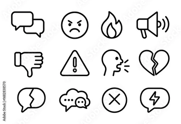 Fototapeta Digital Mobbing Icons. Outline icon set of digital mobbing: group chat, angry face, fire emoji, loudspeaker,