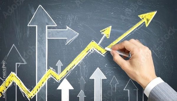 Fototapeta Hand drawing a yellow upward trending arrow on a chalkboard with faded grey arrows pointing up. Concept art