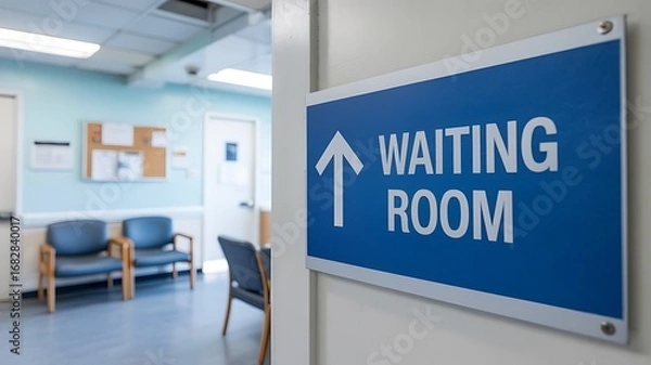Obraz Blue waiting room sign with white text and arrow pointing towards empty chairs in a medical clinic hallway