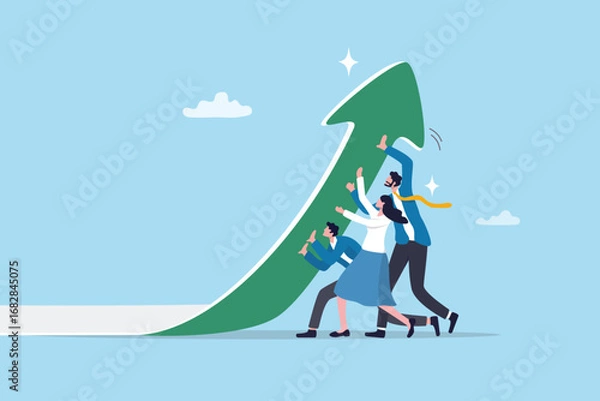 Fototapeta Improvement, change or growing business, motivation or aspiration to success, development effort or challenge concept, business people teamwork help push arrow upward metaphor improvement or growth.