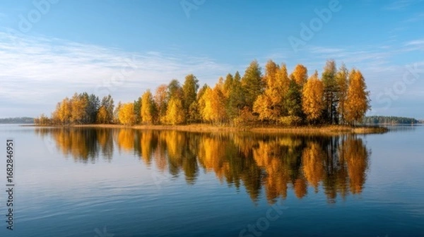 Fototapeta Autumn forest with colorful trees reflecting on still lake water under a clear blue sky. Natural landscape background for seasonal concepts.