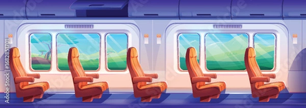 Obraz Cartoon train interior with orange seats and windows for passenger transport - modern railway cabin with comfortable chairs, scenic landscape view through glass. Public transportation design inside