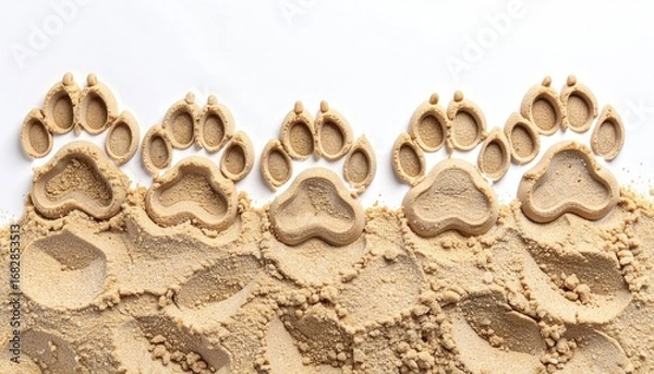 Fototapeta Top-down, close-up shot featuring paw-shaped treats sitting in crumbled dry food against a stark white background. The arrangement resembles prints in sand