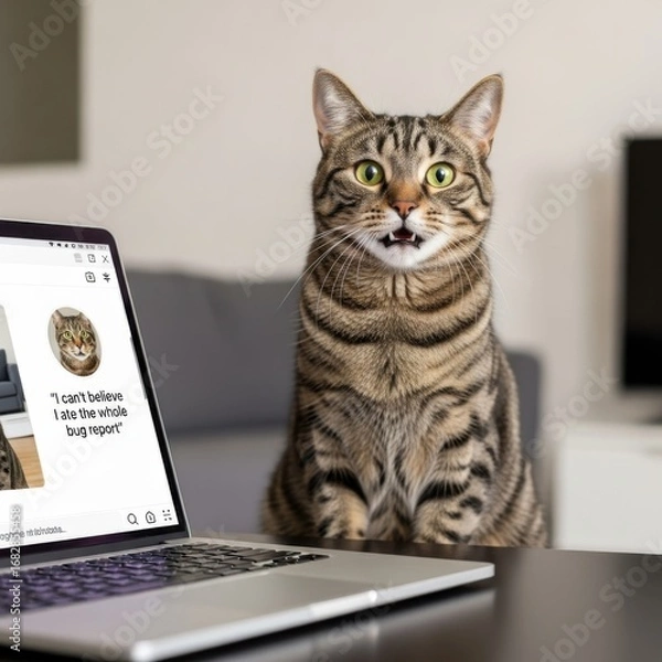 Fototapeta Tabby cat with open mouth looking at laptop screen with funny meme feline animal