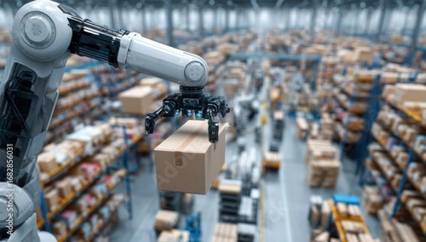 Fototapeta Automated warehouse robots handling a package