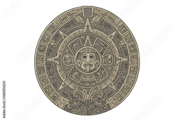 Fototapeta Intricate Aztec calendar stone featuring central face  complex glyph patterns