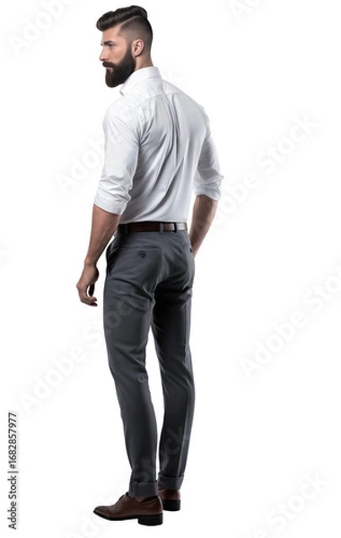 Fototapeta The back view of a standing handsome bearded man wearing a white shirt and grey smart pants, isolated over transparent background, PNG, cutout	
