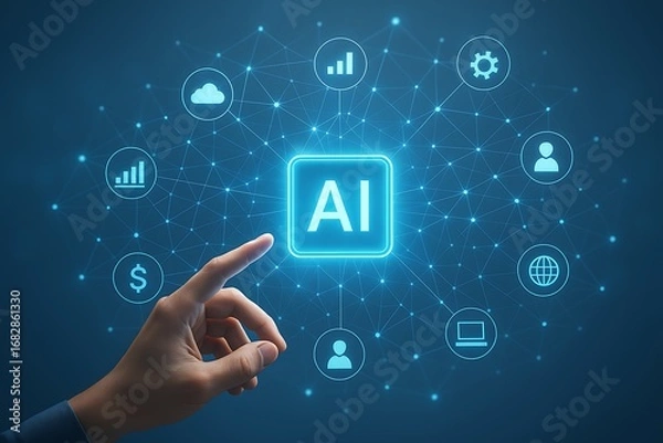 Fototapeta Digital ai hub with connected business icons for analytics finance settings cloud user network computer and globe showcasing intelligent technology integration on dark blue background