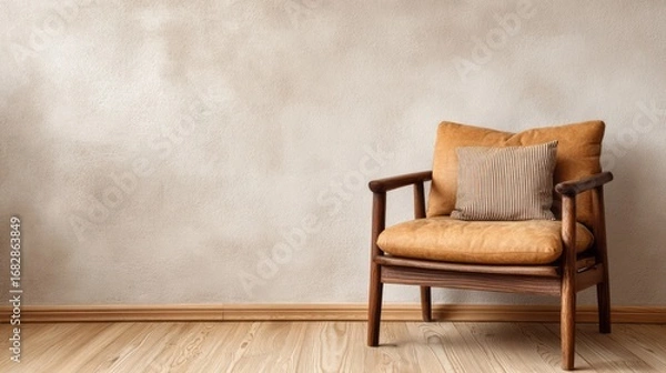 Fototapeta A light beige textured wall showcases a simple wooden armchair with an auburn leather seat and a neutral striped cushion, creating a serene and minimalist aesthetic in a room.