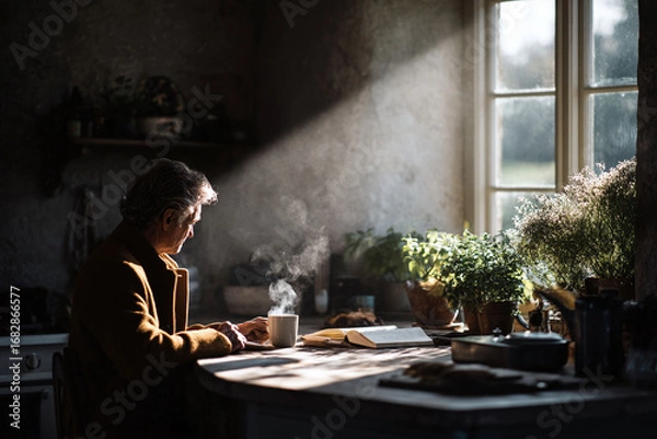 Fototapeta A solitary figure sits with coffee and a book, bathed in morning light. Evokes reflection, nostalgia, and peaceful moments. Ideal for lifestyle, wellness, or retirement themes.