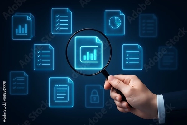 Fototapeta Hand holding magnifying glass reviewing glowing document icons with analytics chart symbol representing audit research inspection data quality compliance search discoverability reporting security 