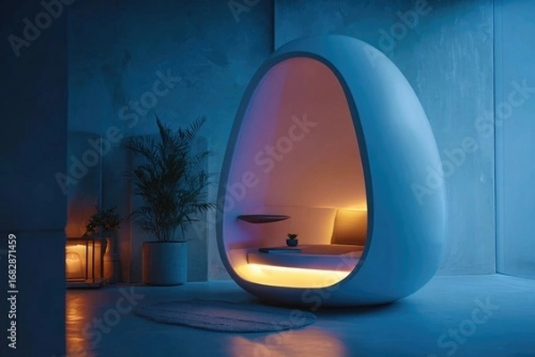 Fototapeta Futuristic personal meditation pod with soft interior lighting, calm ambient space, minimal modern design