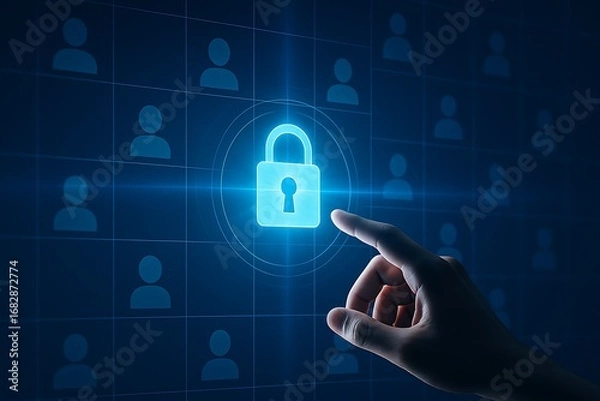 Fototapeta Hand pointing glowing lock icon on digital user grid representing cybersecurity privacy protection access control authentication encryption data safety secure login identity management 