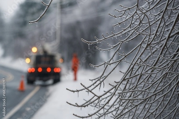 Fototapeta Closeup of frozen tree branches with blurred utility crew in background