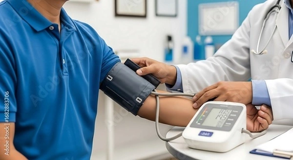 Fototapeta A professional doctor checks a patient's blood pressure using a digital monitor in a clinical setting