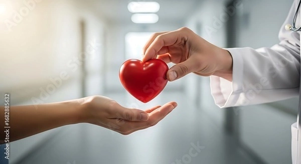 Fototapeta A doctor hands a heart-shaped symbol to a patient, representing care, empathy, and health support.