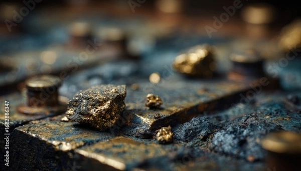 Fototapeta Close-up of gold nuggets on metal