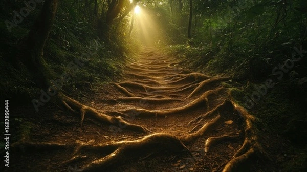 Fototapeta Sunlit forest path with glowing tree roots creating a mystical trail