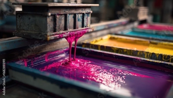 Fototapeta Colorful inks flowing from a machine into trays