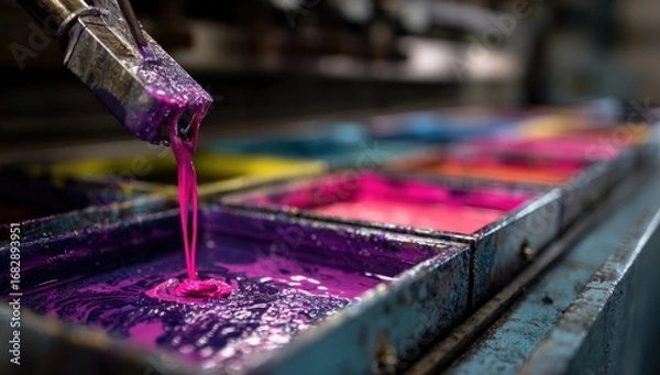 Fototapeta Colorful ink dripping from a machine into trays