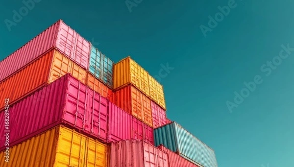 Fototapeta Colorful shipping containers stacked high against a vibrant sky (1)