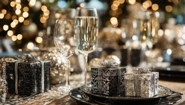 Fototapeta Festive holiday table setting with champagne flutes and gift boxes