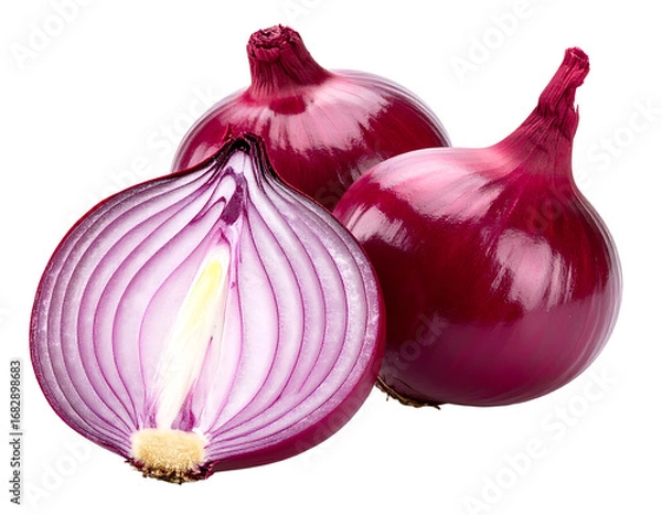 Fototapeta Red whole and sliced onion, isolated on white background