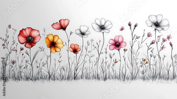Obraz Sketch-Style Flower Field on Light Background: Red/Orange/Pink Large Flowers, B&W Small Flowers & Fine Black Outlines