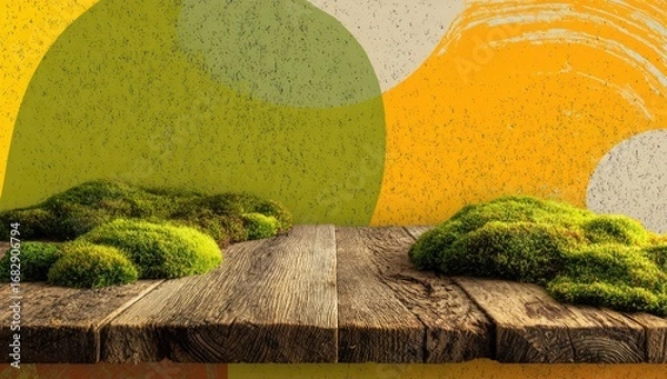 Fototapeta Wooden table top with moss, abstract background