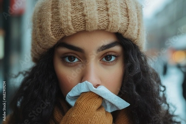 Fototapeta Close-up photo of a young woman standing outside a building, wiping her nose with a napkin due to a cold, Generative AI