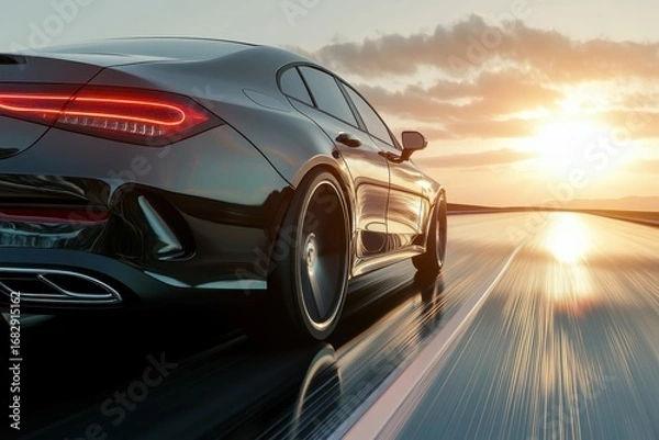 Fototapeta A sleek, black luxury car speeds along a wet roadway at sunset, showcasing its dynamic form and polished surface.