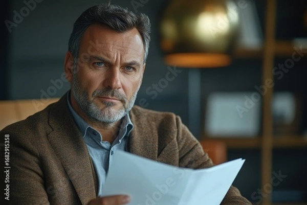 Fototapeta Close-up of a serious businessman in an office, holding documents and looking thoughtfully to the side, Generative AI