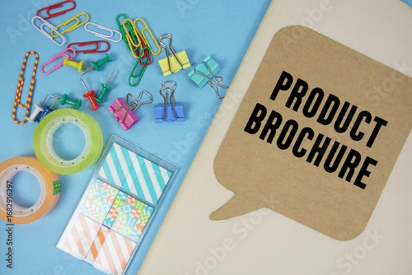 Obraz Product Brochure text with stationery on cover notebook background
